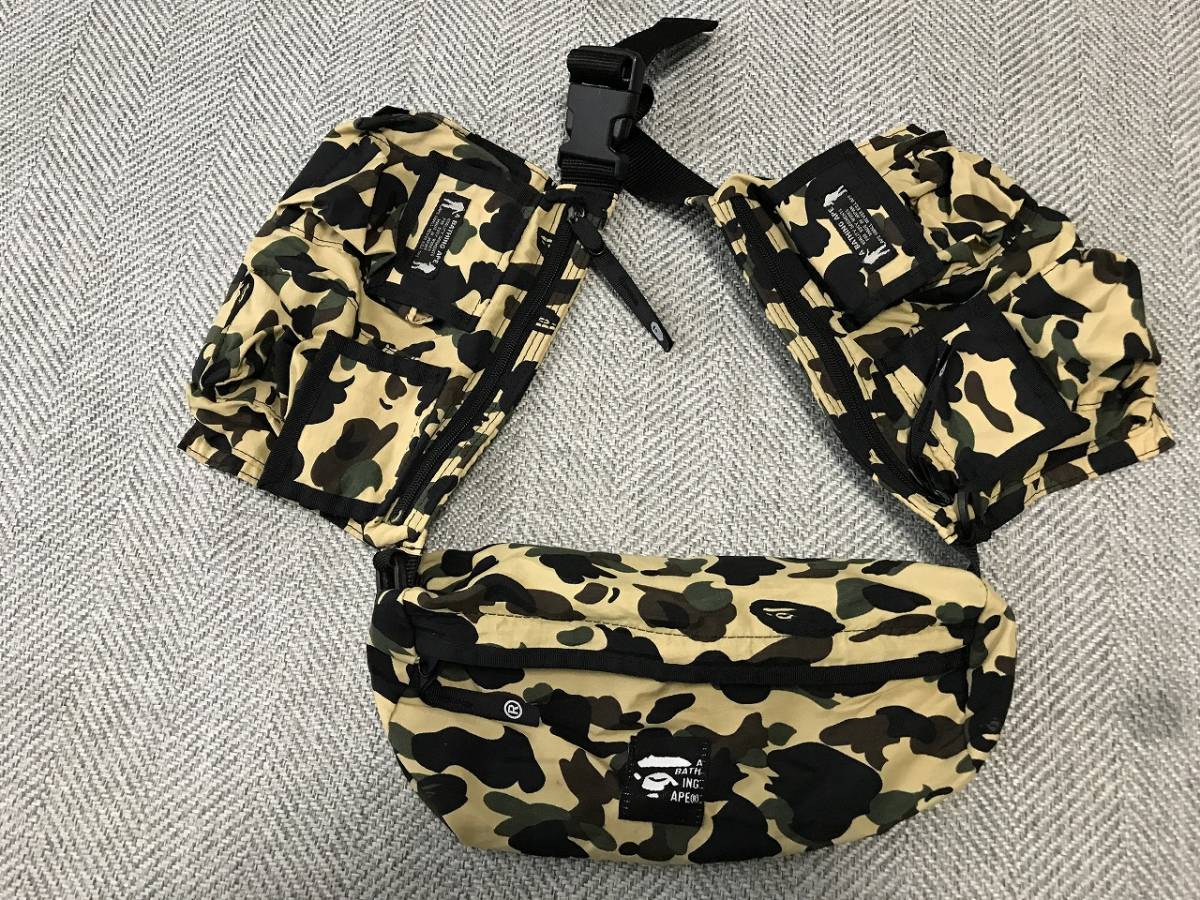 A BATHING APE 迷彩 3連 ウエストバッグ カモ エイプ BAPE イエロー