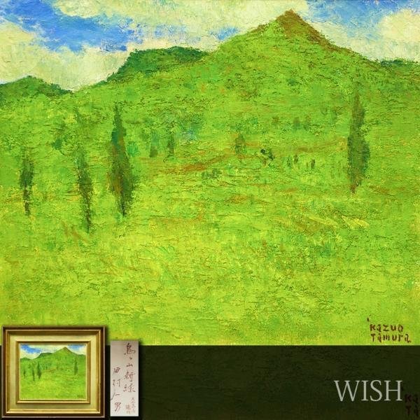 【真作】【WISH】田村一男「烏ケ山新緑 大山高原 鏡成」油彩 8号 ◆鮮やかな緑彩 　　〇文化功労者 芸術院会員 芸術院賞 #23013030