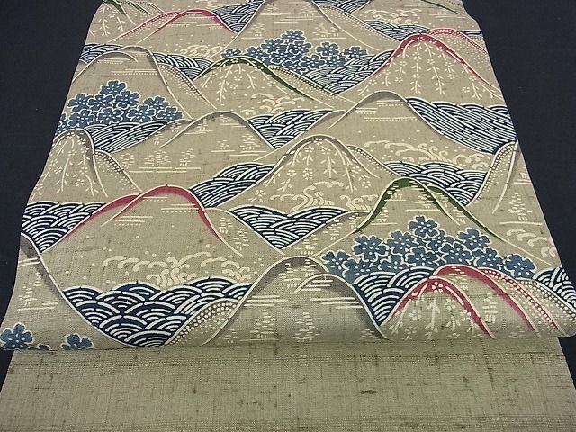 花美人■和染紅型　栗山紅型　栗山吉三郎　九寸開き名古屋帯　生紬地　遠山流水花文　逸品　ps3362