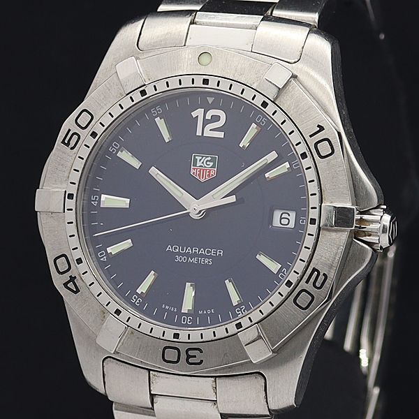 1円 稼働 良品 タグホイヤー QZ WAF1113 アクアレーサー 300M デイト ラウンド ネイビー文字盤 メンズ腕時計 0983400▽