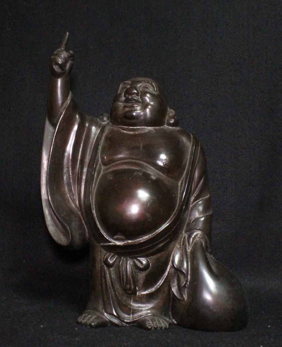 金属工芸○布袋像 光山 銅像 31cm○在銘 置物 指月 指さし 布袋尊 