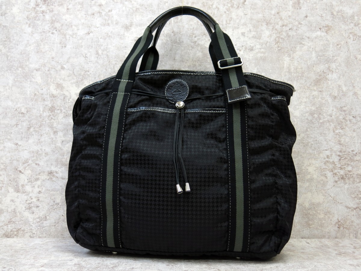 ■極美品■Orobianco オロビアンコ■メンズ■千鳥格子■ナイロン カーフ レザー 本革■トート バッグ■黒 カーキ SV金具■肩掛け■D10826