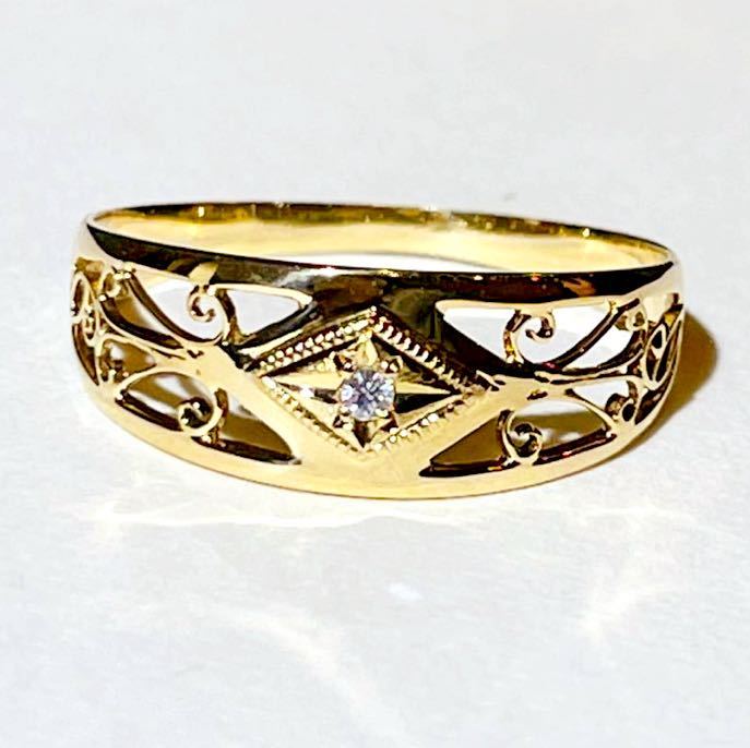 ☆K18 ダイヤ付き平打ち透かし彫り柄リング☆