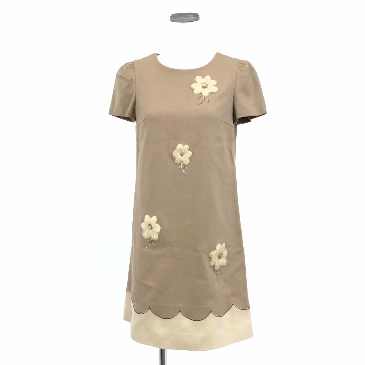 良好◆M's GRACY エムズグレイシー 半袖ワンピース サイズ38◆ ベージュ レディース ウール フラワーモチーフ スパンコール