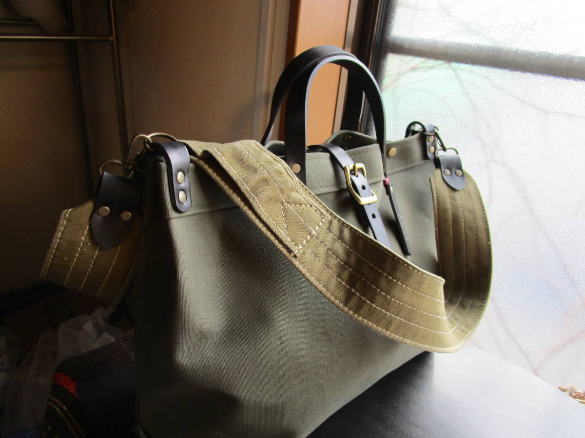 武骨！ 蝋引きオリーブ 厚手 岡山セルビッチ帆布 と 極太 ミリタリーショルダー A4対応 ２WAYバッグ！極厚ヌメ革！倉敷！本革ハンドメイ ド