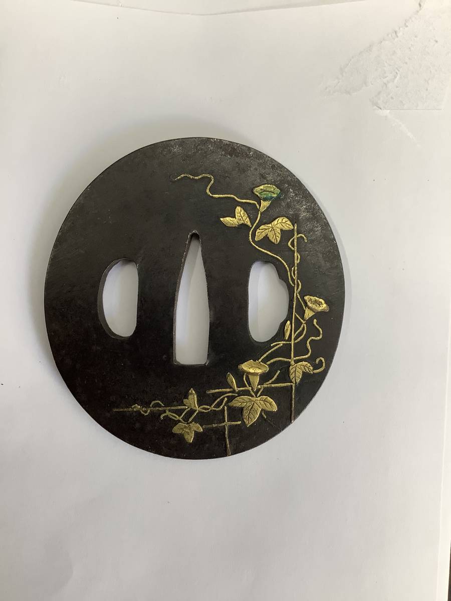 鉄鐔 無銘 脇差用 刀装具 鍔 朝顔図 【公式通販】