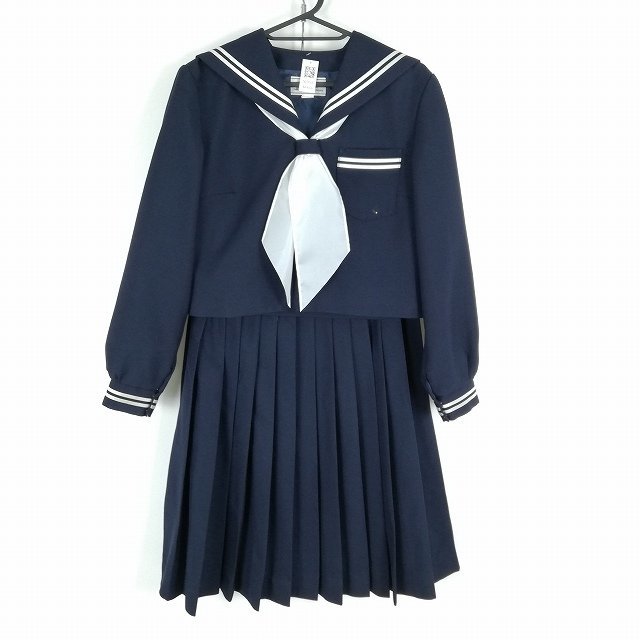 1円 セーラー服 スカート スカーフ 上下3点セット 165A 大きいサイズ カンコー 冬物 白2本線 女子 中学 高校 紺 中古 ランクC NA9008