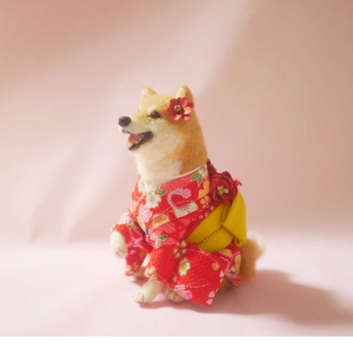 ko-ko＊Handmade 羊毛フェルト 羊毛フェルト柴犬 柴犬 柴犬着物 着物姿