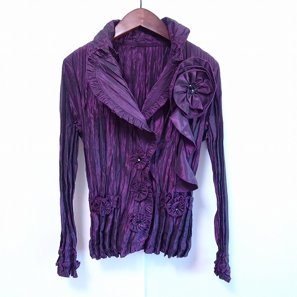 #anc ノコオーノ NOKOOHNO ジャケット 38 紫系 花モチーフ コサージュ付 光沢 スパンコール シワ加工 美品 タグ付き レディース [719144]