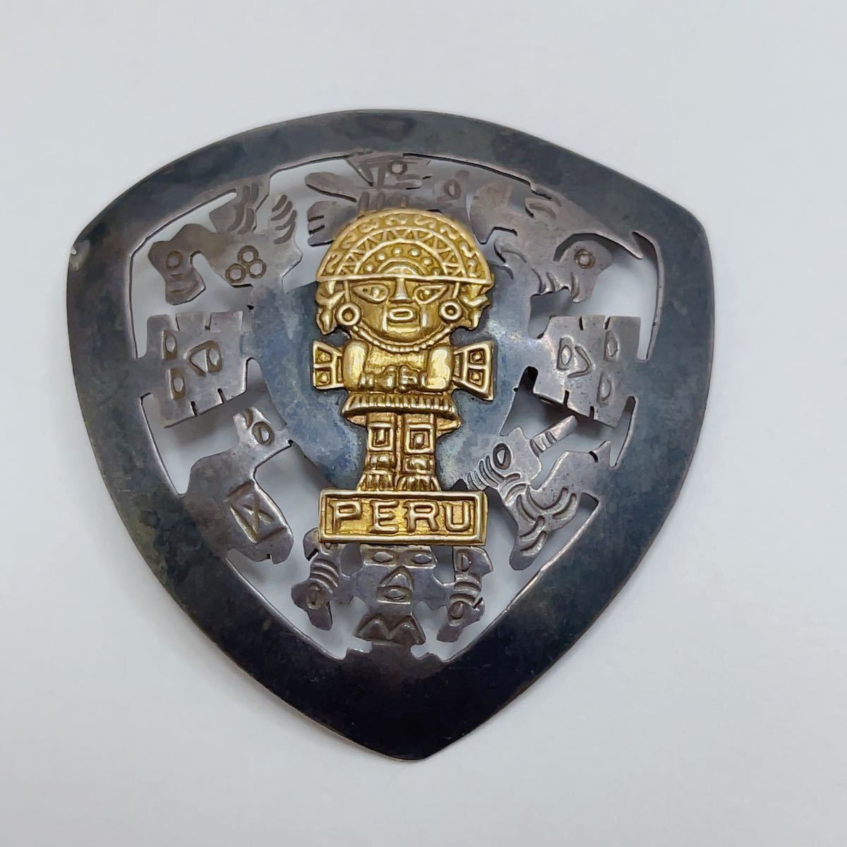 ビンテージ ペルー 金/銀 細工彫刻 シルバー925 ゴールドK18 刻印有 ブローチ＆ペンダント 2way アクセサリー A1537_1