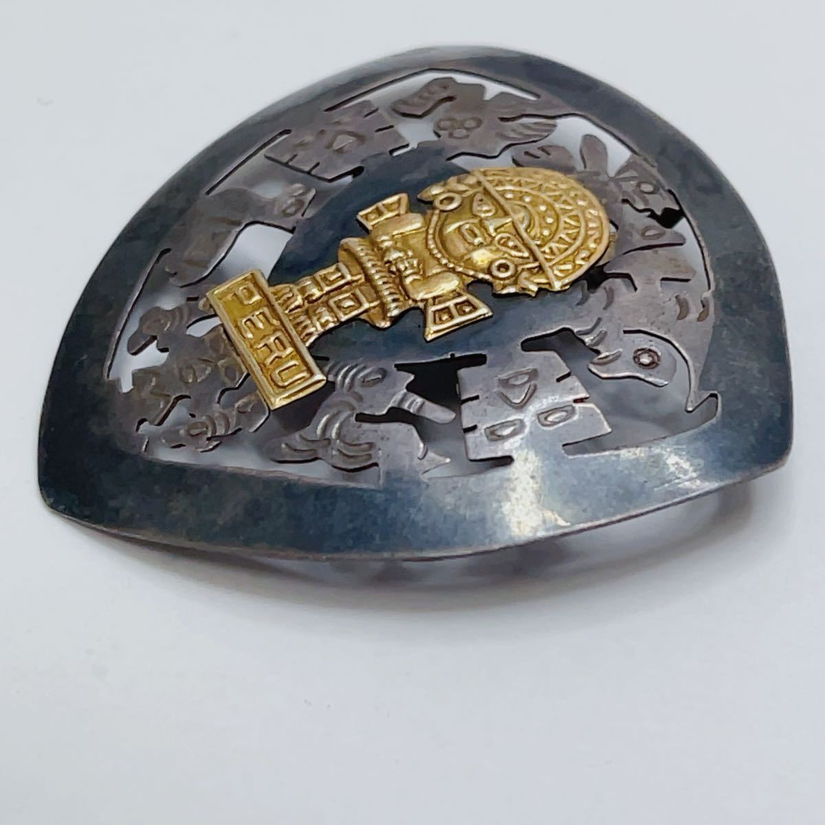 ビンテージ ペルー 金/銀 細工彫刻 シルバー925 ゴールドK18 刻印有 ブローチ＆ペンダント 2way アクセサリー A1537_2