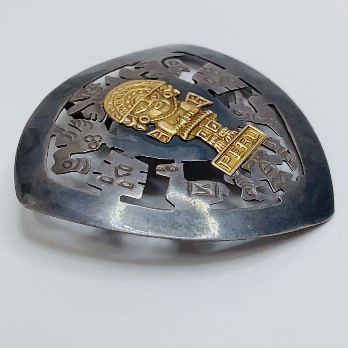 ビンテージ ペルー 金/銀 細工彫刻 シルバー925 ゴールドK18 刻印有 ブローチ＆ペンダント 2way アクセサリー A1537_3