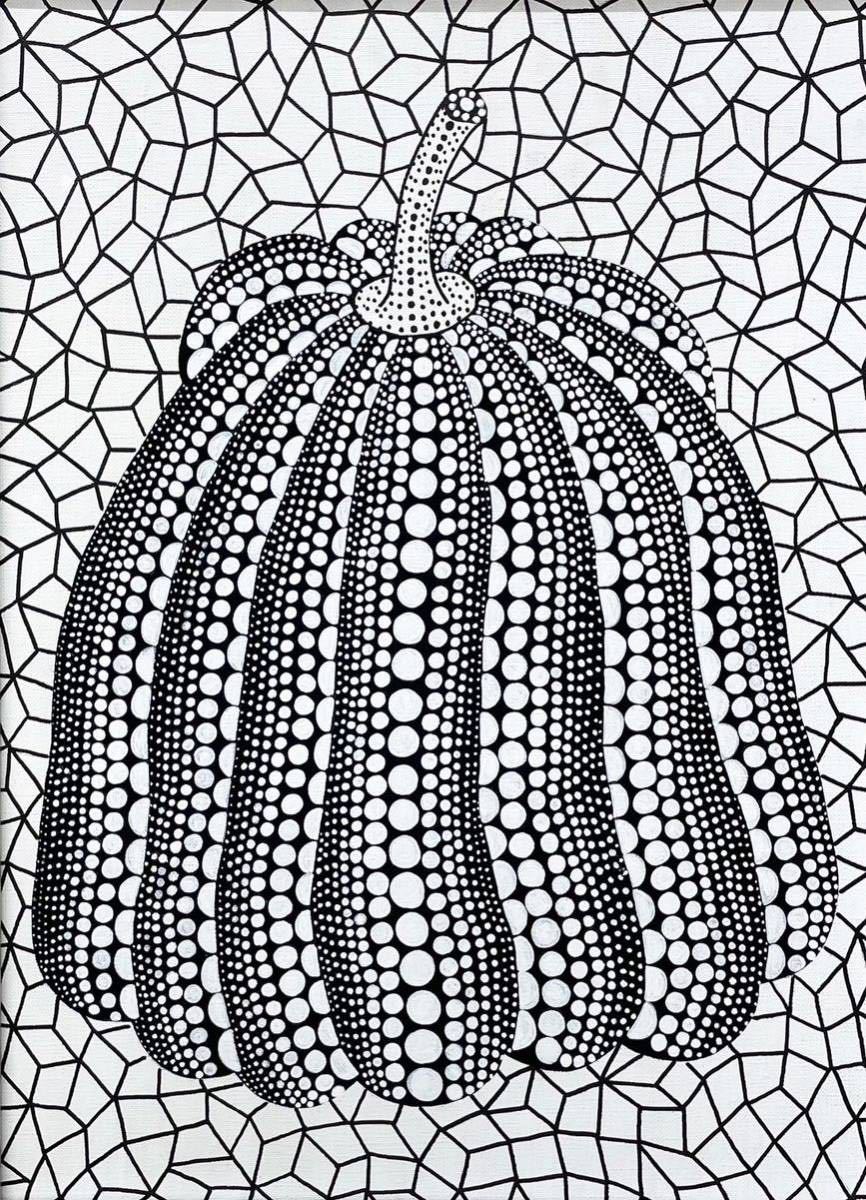 P8号 手描き油彩画 草間彌生 模写（かぼちゃ)絵画 サイン 豪華額縁