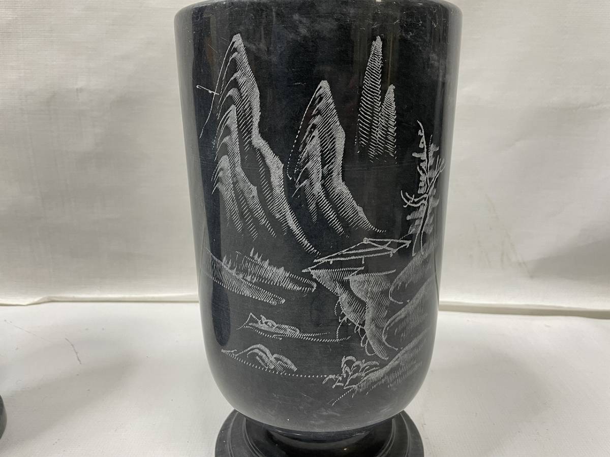 高級 中国 天然大理石 大壺 花瓶 2点セット 高さ48cm 山水図 龍 彫刻