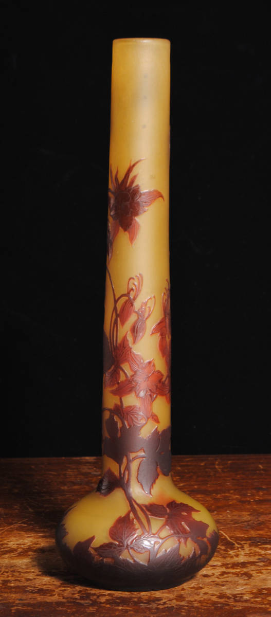 ガレ本物!!1900年頃,上級作・茄子の花文様作品!!多色多層被せガラス