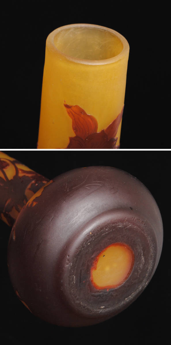 ガレ本物!!1900年頃,上級作・茄子の花文様作品!!多色多層被せガラス