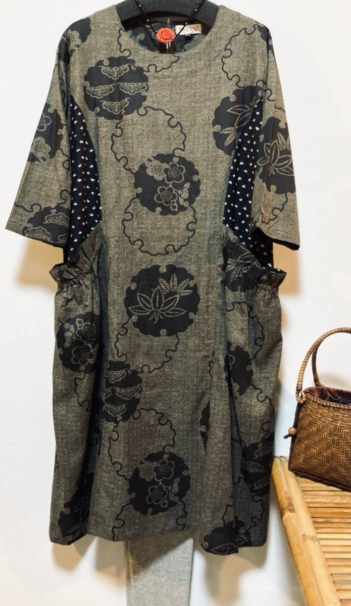 送料無料♪新品タグ付！　 ＊薄墨色　古布風柄 和調ワンピチュニック＊雪ん子絣・丈長・ポケット♪　　　CHA-CA.　光賀堂