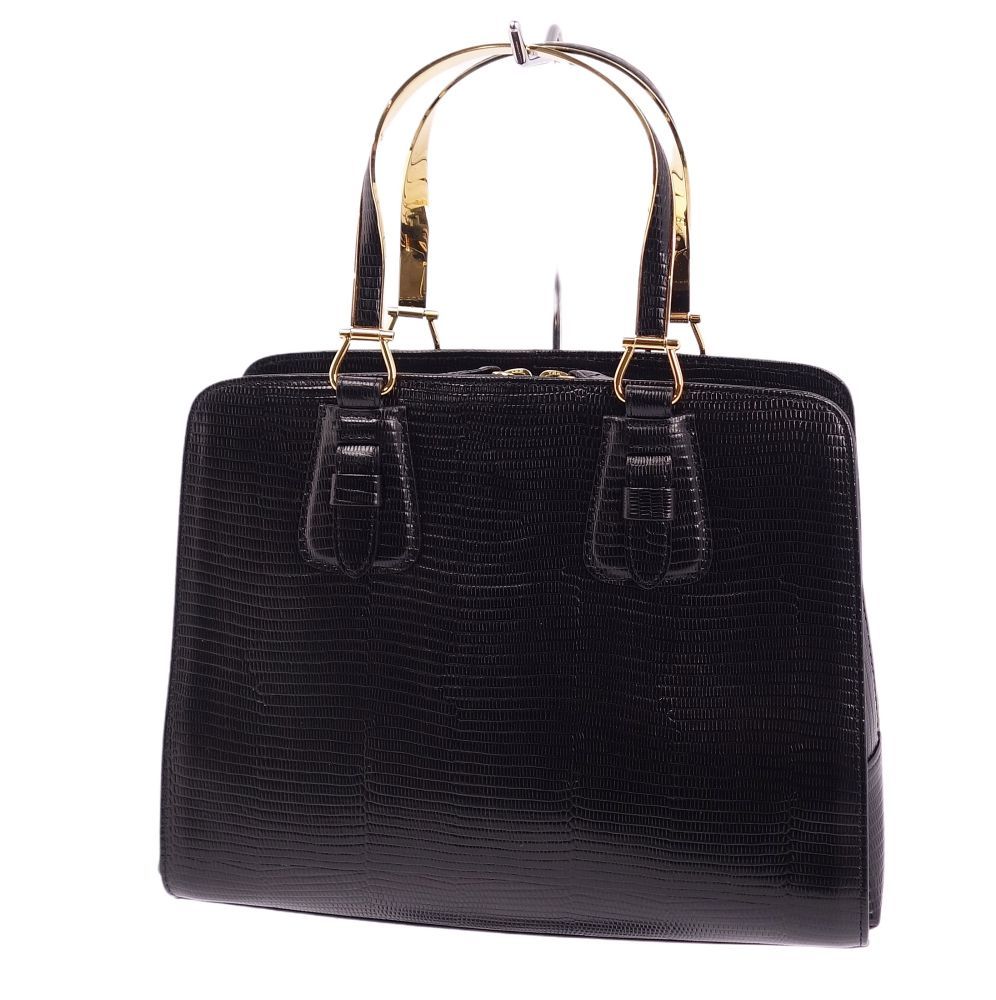美品 ワコー WAKO バッグ ハンドバッグ リザード型押し ゴールド金具 カバン 鞄 レディース ブラック cg02mr-rm19e23062