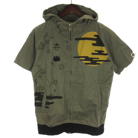 きじん 喜人 パーカー フーディー ジップアップ 半袖 和柄 プリント 刺繍 M カーキ ■SM0 メンズ