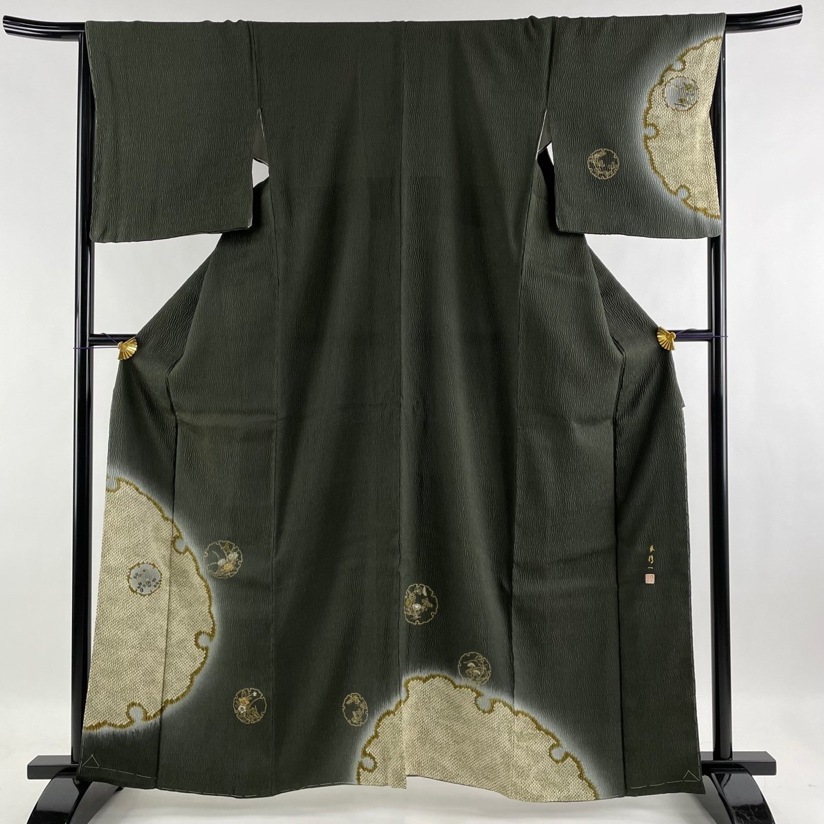 付下げ 名品 落款 雪輪 秋草 絞り 箔 深緑 袷 身丈162.5cm 裄丈68cm