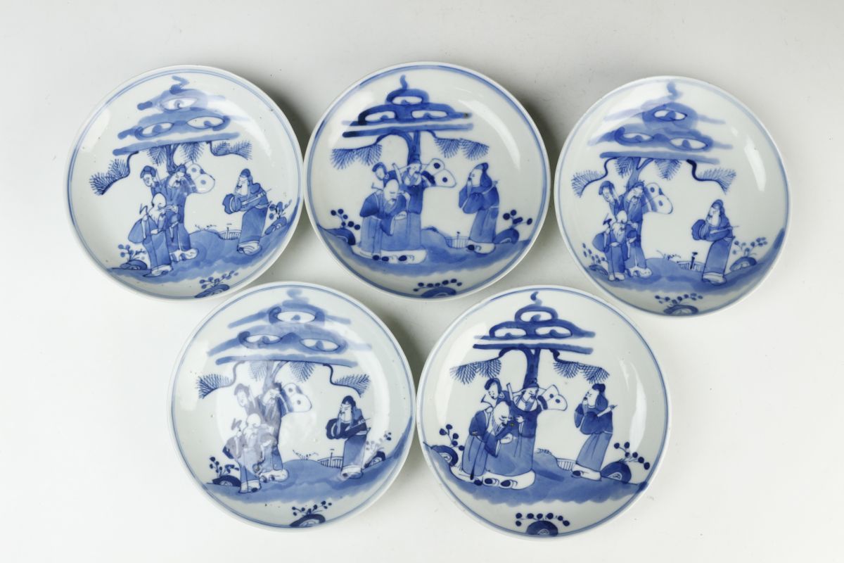 LIG】中国美術 清朝期 玩玉銘 青花 四仙文皿 五客揃