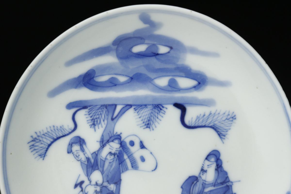 LIG】中国美術 清朝期 玩玉銘 青花 四仙文皿 五客揃