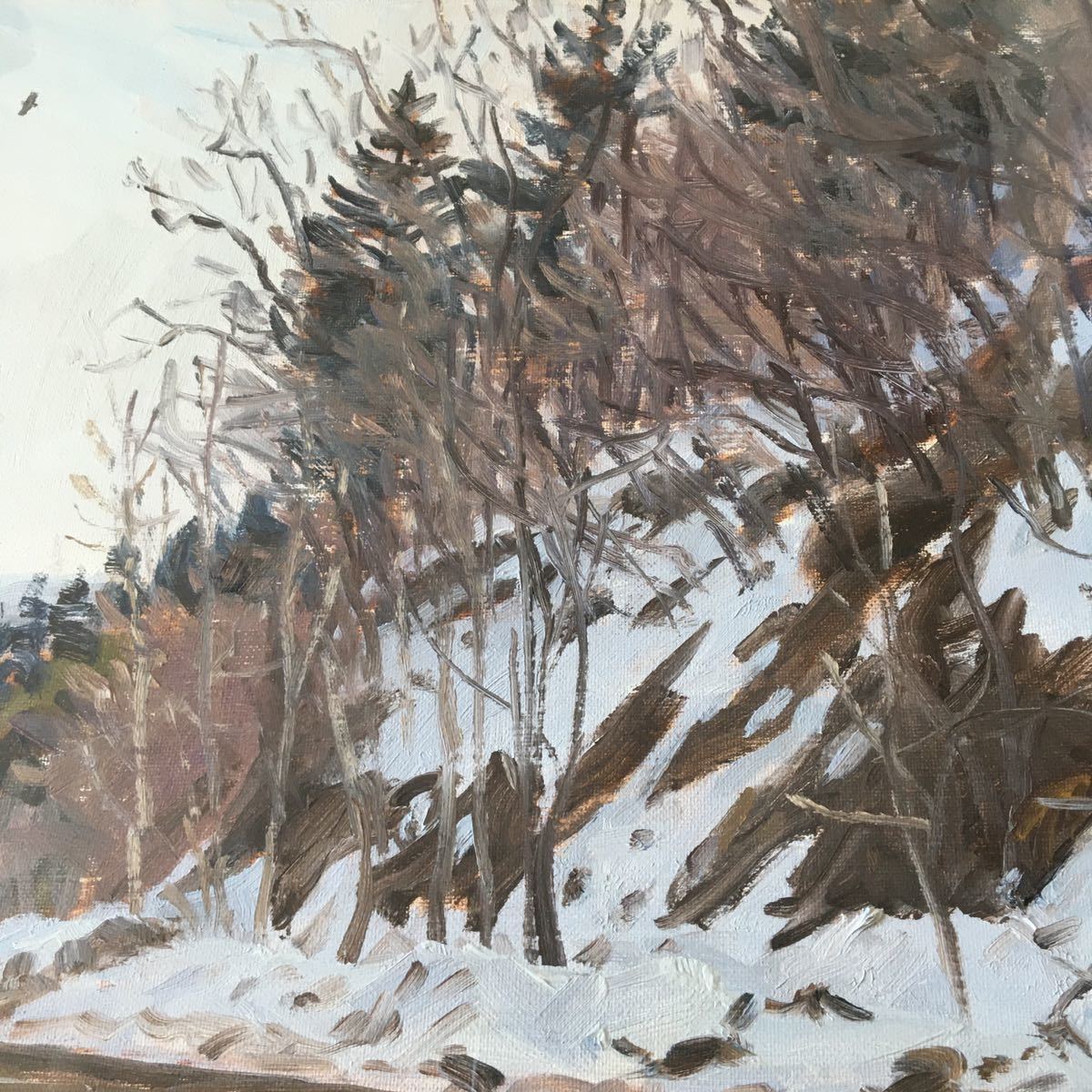 油絵「雪解けの峠道」勝谷明男 油彩画 F8 額装 風景画 絵画 一水会