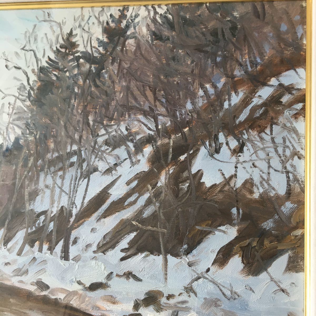 油絵「雪解けの峠道」勝谷明男 油彩画 F8 額装 風景画 絵画 一水会