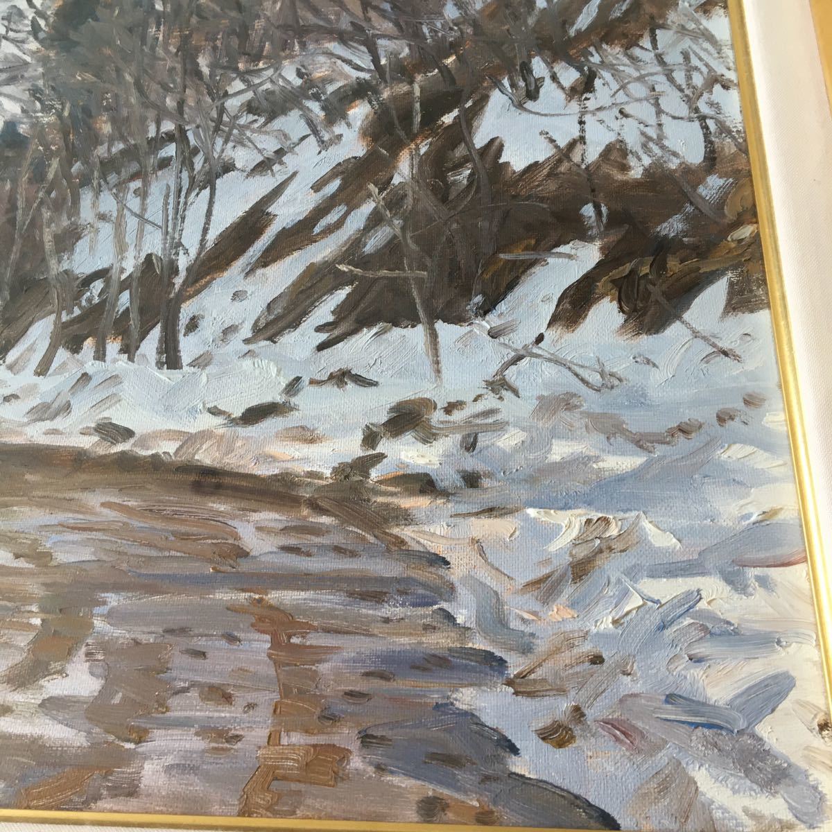 油絵「雪解けの峠道」勝谷明男 油彩画 F8 額装 風景画 絵画 一水会