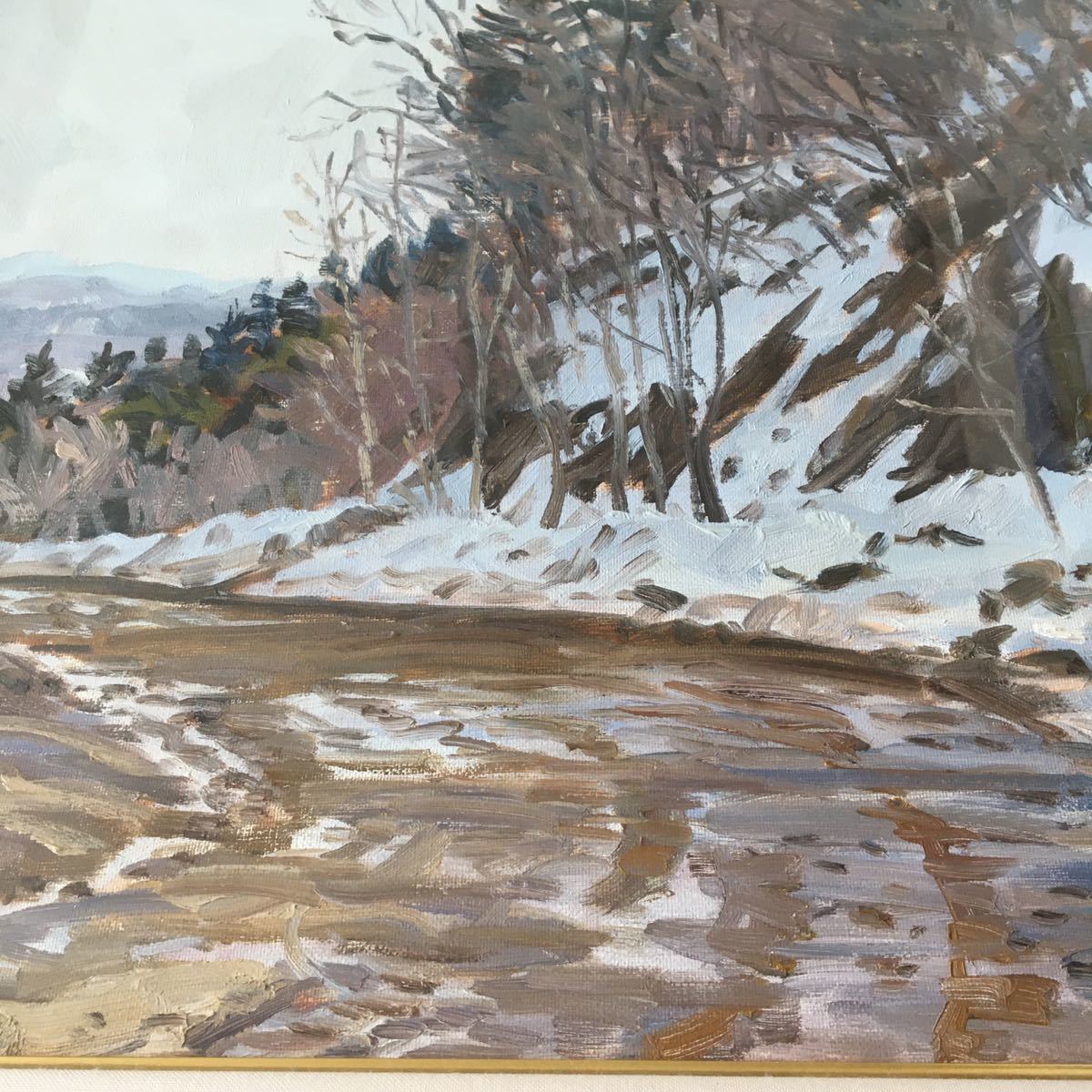 油絵「雪解けの峠道」勝谷明男 油彩画 F8 額装 風景画 絵画 一水会