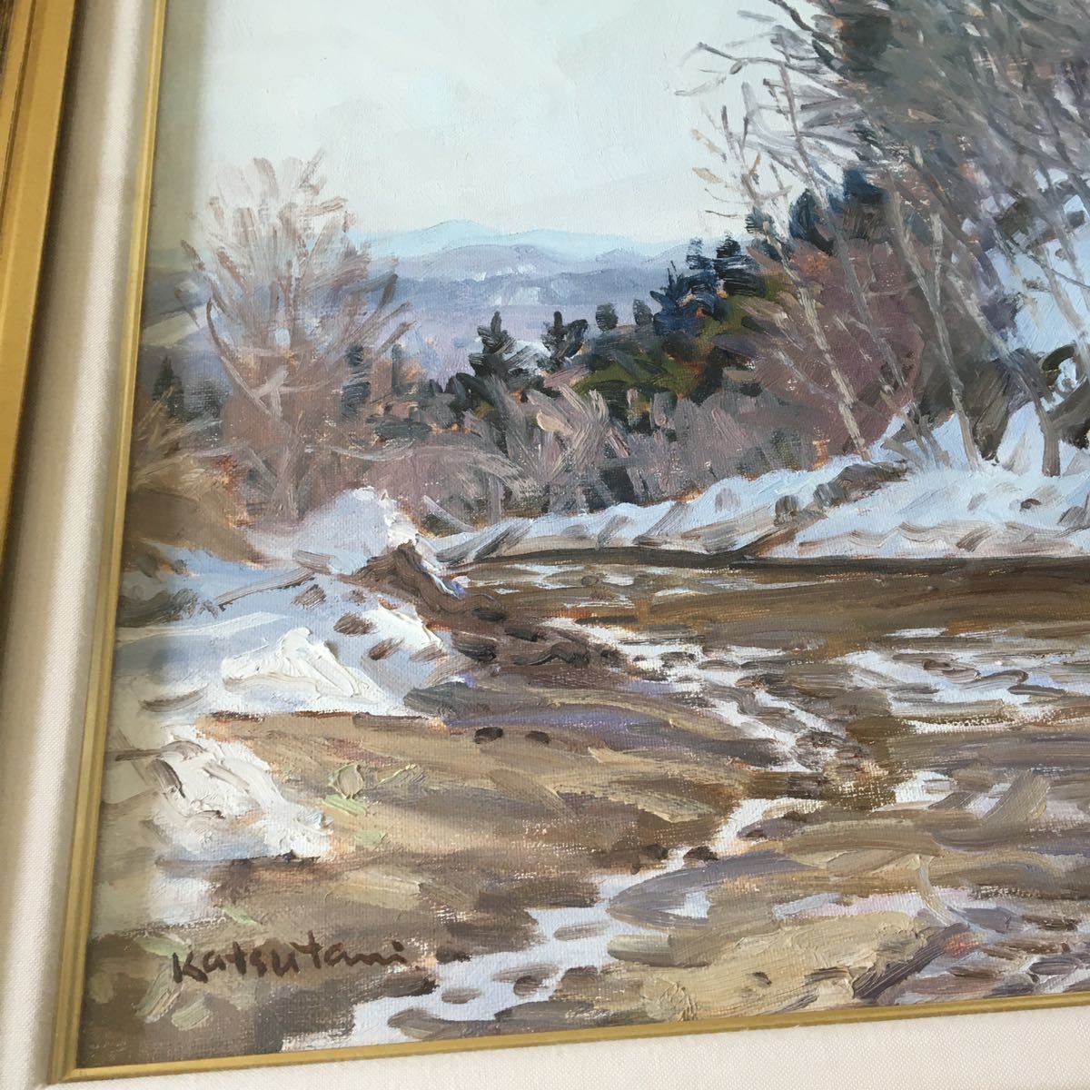 油絵「雪解けの峠道」勝谷明男 油彩画 F8 額装 風景画 絵画 一水会