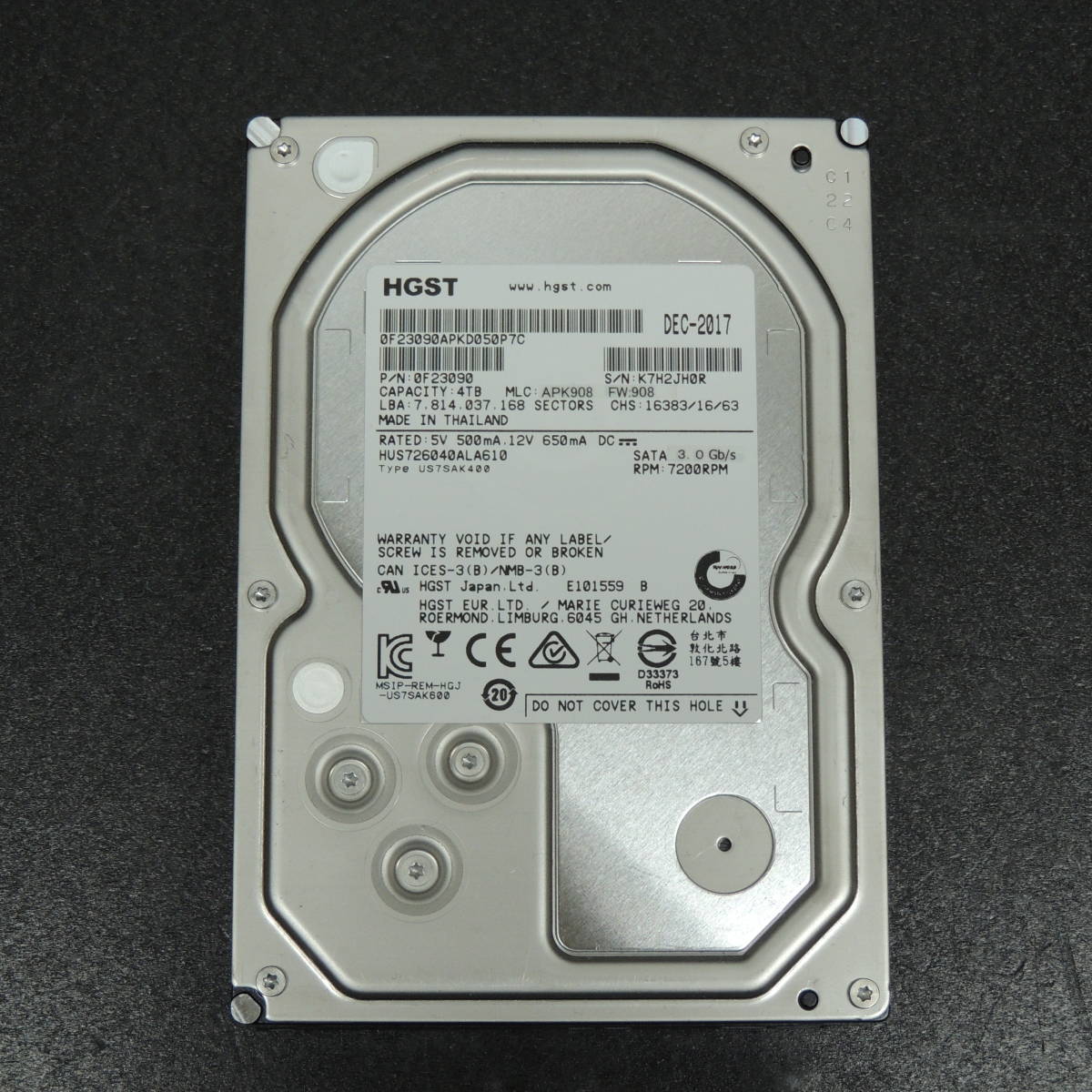 検品済み】HGST 4TB HDD HUS726040ALA610 (使用18118時間) 管理:u-94