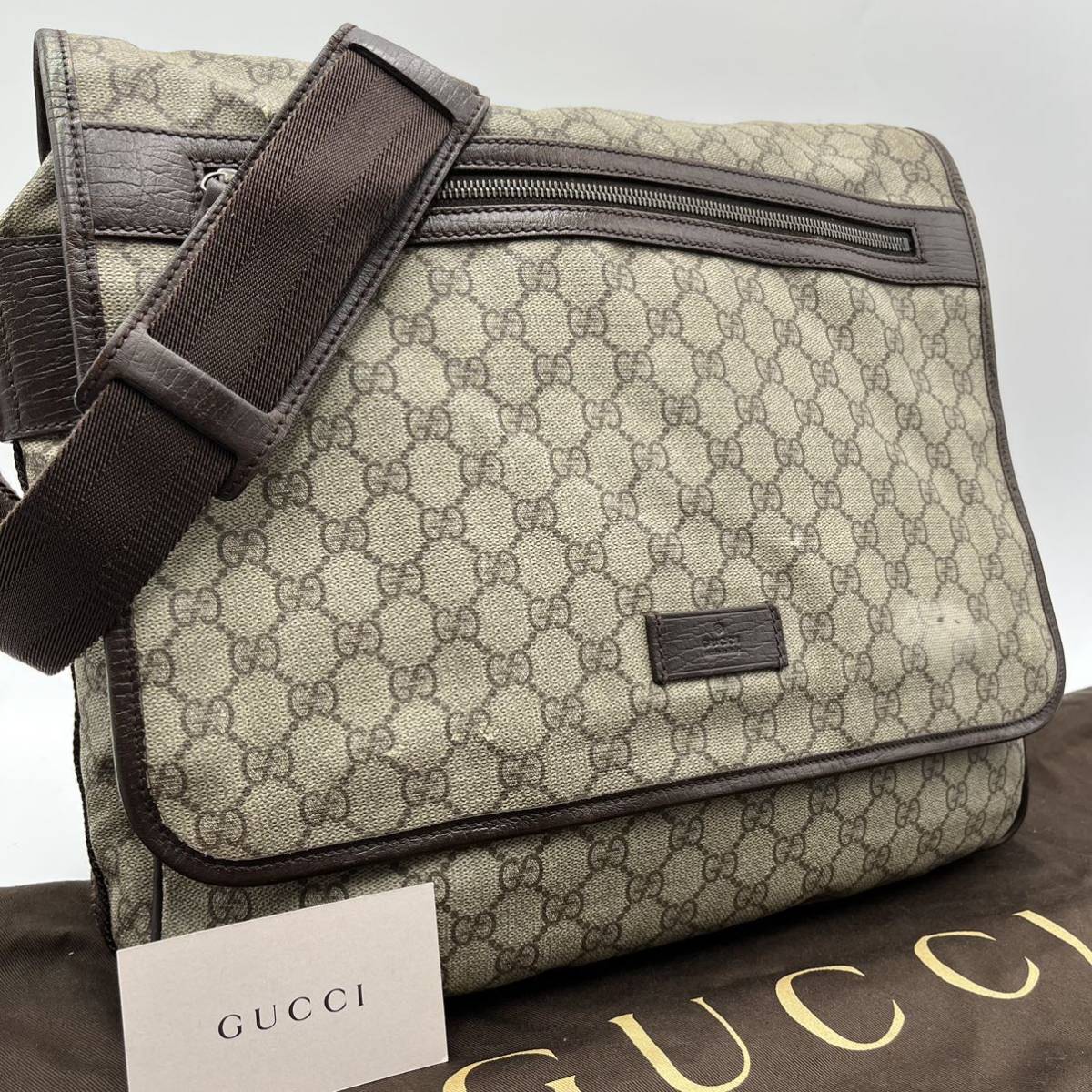1円《極上品》GUCCI グッチ GGスプリーム メッセンジャーバッグ ショルダー A4 PVC レザー 本革 メンズ 茶 ブラウン ベージュ