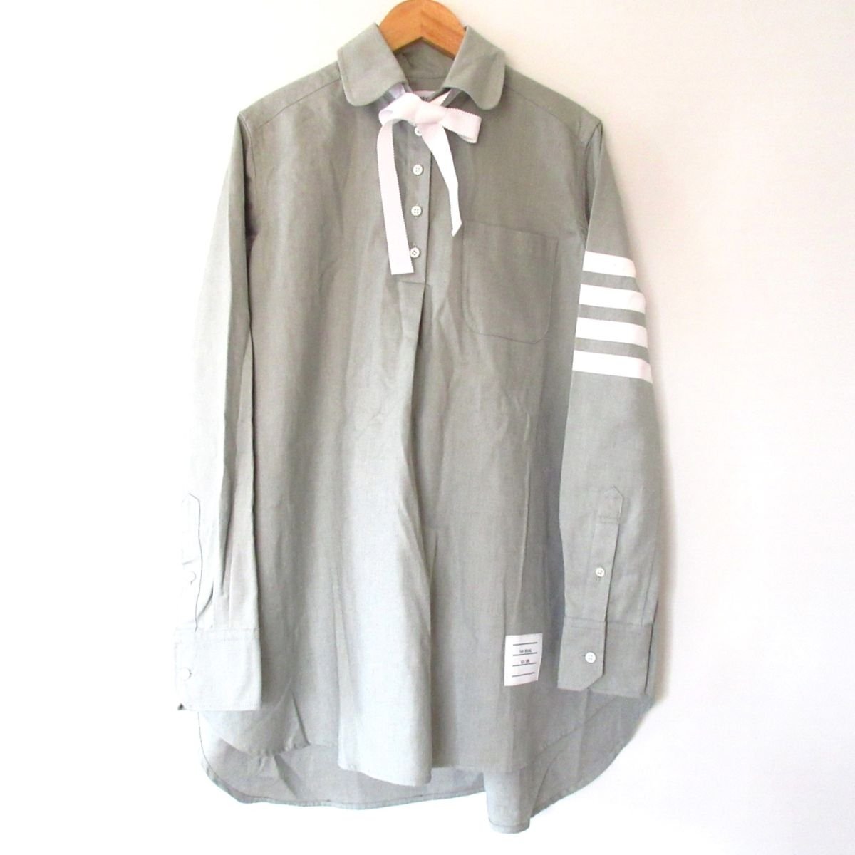 美品 THOM BROWNE トムブラウン 袖ライン ボウタイ ハーフボタン フランネル4BARボウタイブルゾン 長袖 シャツ ブラウス 36 グリーン系 035