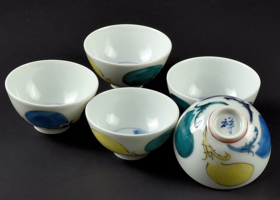 【蔵c7949a】色絵　煎茶碗　小野祥瓷　五客　共箱