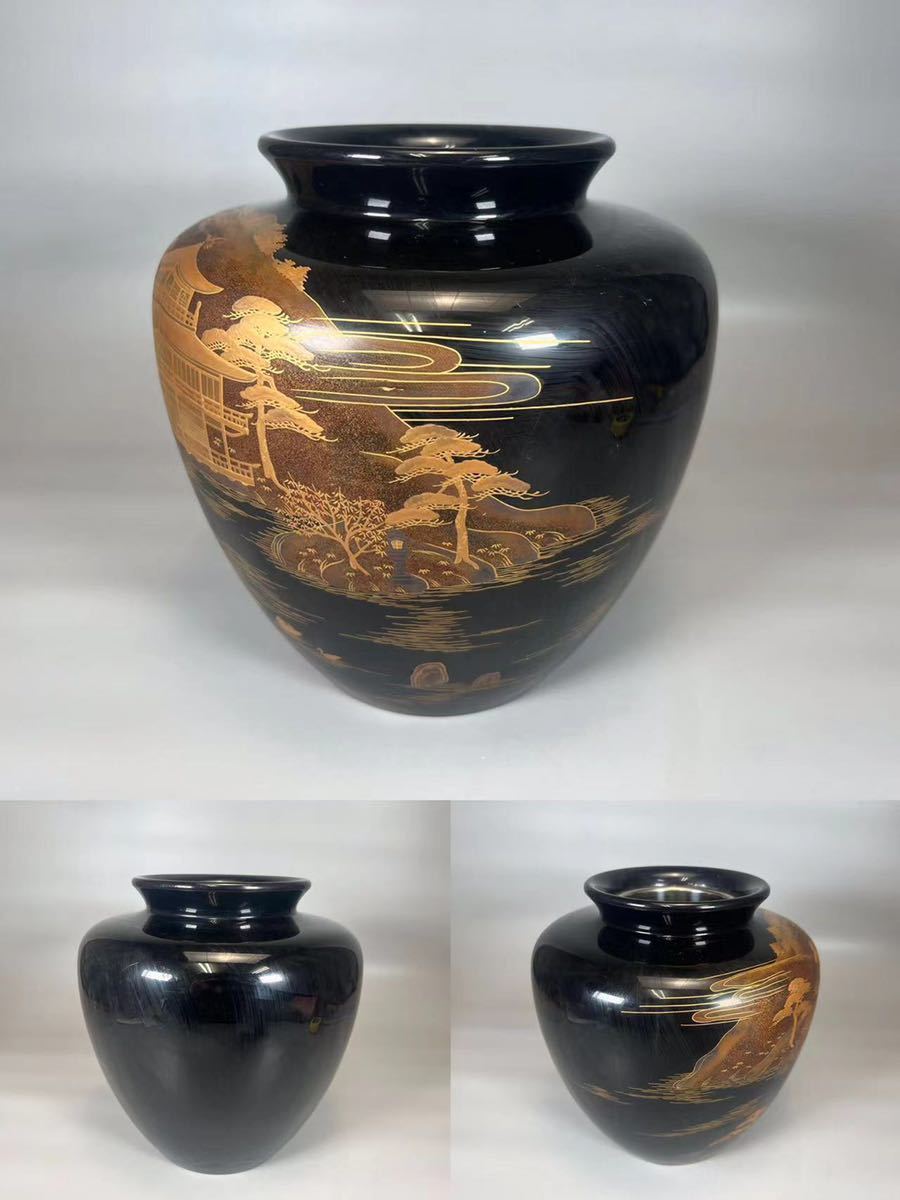 OKK》C0326 蒔絵花入 西村彦兵衛 平安 象彦作 金蒔絵 金閣寺 風景図 華