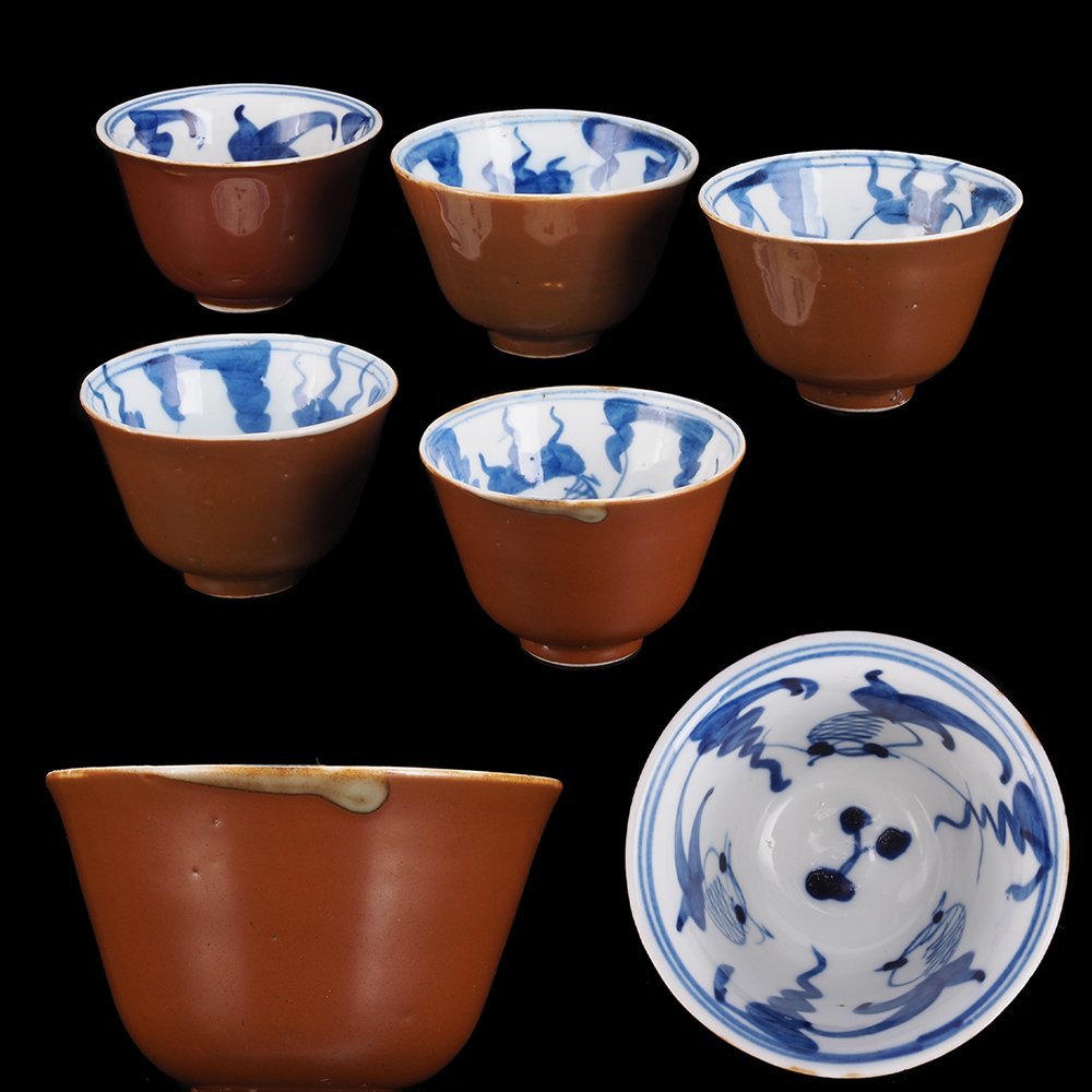 S】煎茶道具 時代唐物 新渡染付 山水図 煎茶碗 5客 うぶ品 f579 染付
