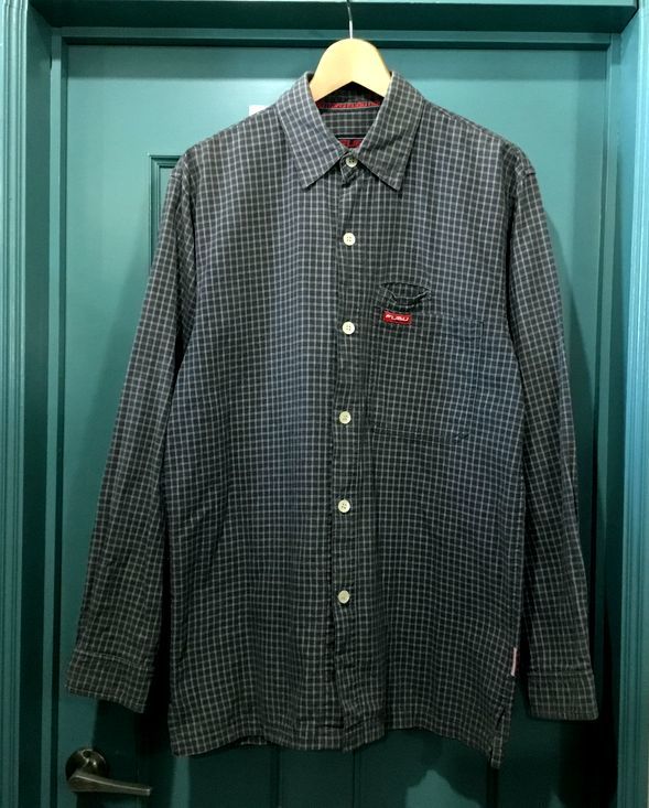 ビンテージ 90s 00s FUBU フブ 格子 チェック シャツ M 日本製 デサント グレー HIP HOP BOXシルエット