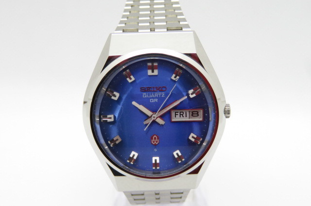 １円～【返品保証】SEIKO　セイコー　クオーツ　QR　メンズ腕時計　3863-8010G　カットガラス　デイデイト　文字盤ブルー　3-14-7