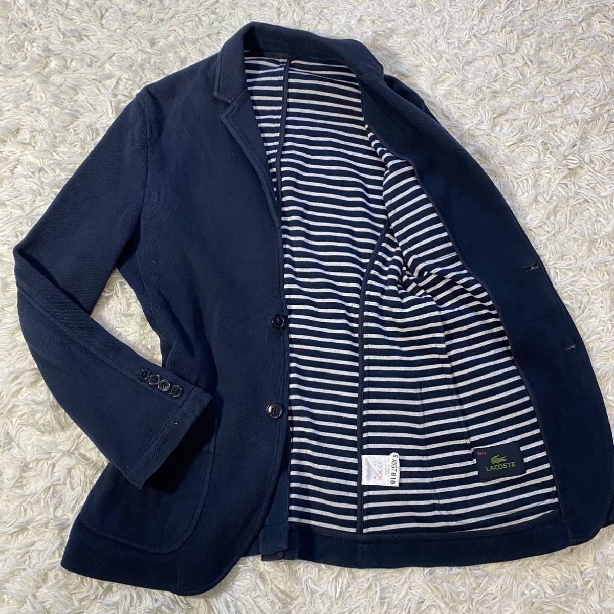 希少なXL!! ラコステ 【最高級の品格】LACOSTE テーラードジャケット ブレザー 裏地チェック柄 鹿の子 ジャージ コットン ネイビー 50 