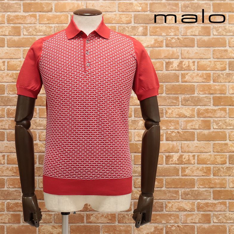 1円/春夏/malo/48サイズ/サマーニット ポロシャツ なめらか美艶 綿100％ハイゲージ 網目柄 イタリア製 半袖 新品/赤/レッド/ed1014/