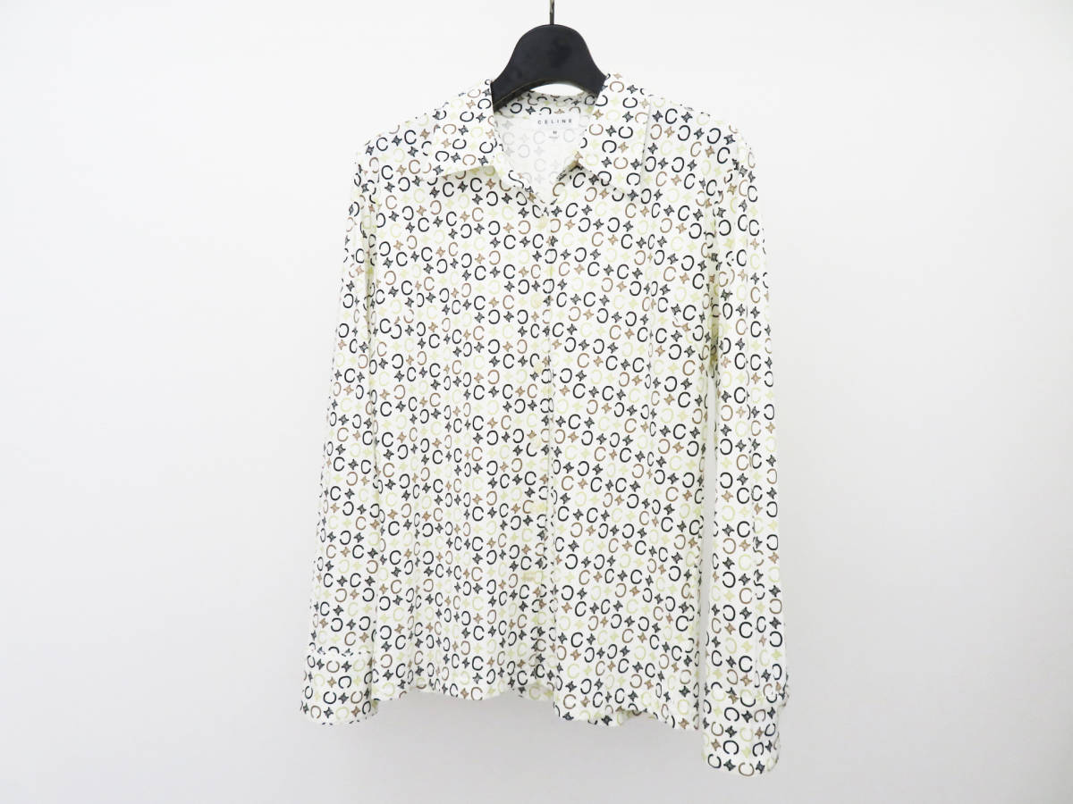 9199 美品 CELINE セリーヌ Cマカダム ブラゾン 総柄 長袖 シャツ ブラウス コットン M 白 ホワイト レディース ヴィンテージ