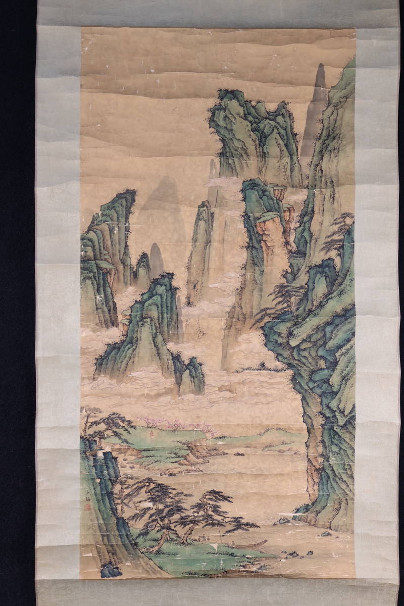 陳少梅 中国画 掛け軸 山水画 中堂 小邨山景図 サイズ：77×175cm 肉筆 掛軸