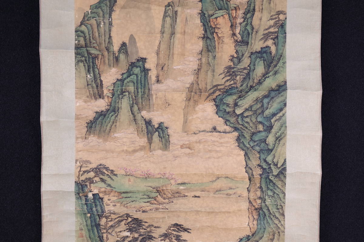 陳少梅 中国画 掛け軸 山水画 中堂 小邨山景図 サイズ：77×175cm 肉筆 掛軸