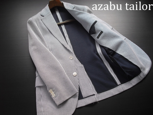 【新品】日本製 azabu tailor 麻布テーラー 伊生地ANGELICO コットンニットジャージージャケット 濃紺×白コードストライプ 44A (約A4相当)