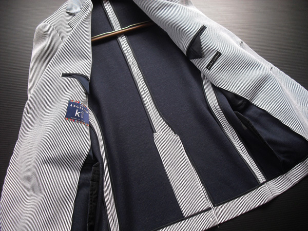【新品】日本製 azabu tailor 麻布テーラー 伊生地ANGELICO コットンニットジャージージャケット 濃紺×白コードストライプ 44A (約A4相当)