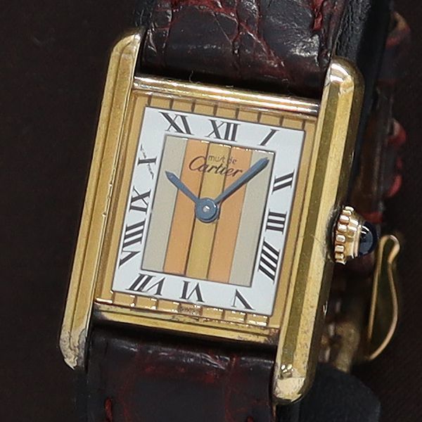 1円 稼働 カルティエ QZ 5057001 マストタンク ヴェルメイユ SV925 トリニティ文字盤 ローマン スクエア レディース腕時計 6092900AOK