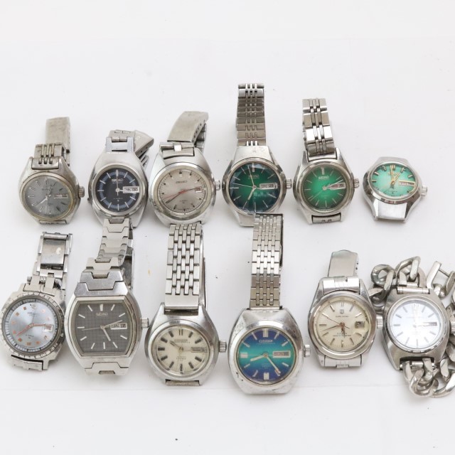 p607 セイコー シチズン 12本セット 機械式 腕時計 カットガラス 日付 曜日 スクリューバック 純正ブレス