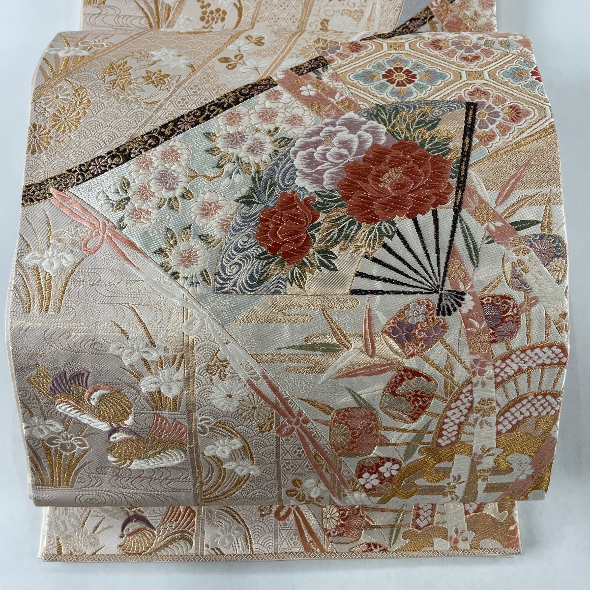 袋帯 美品 秀品 夏帯 絽 幾何学模様 金糸 箔 焦茶色 お太鼓柄 正絹
