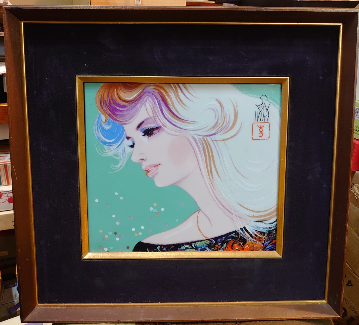岩田専太郎陶額】美人画 画題『彩髪』陶板サイズ:縦23cm 横26.5cm 額 